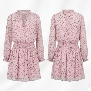 Socialite Dress XS Mini Polka Dot Pink Smocked Waist Soft Girl Parisian Inspired